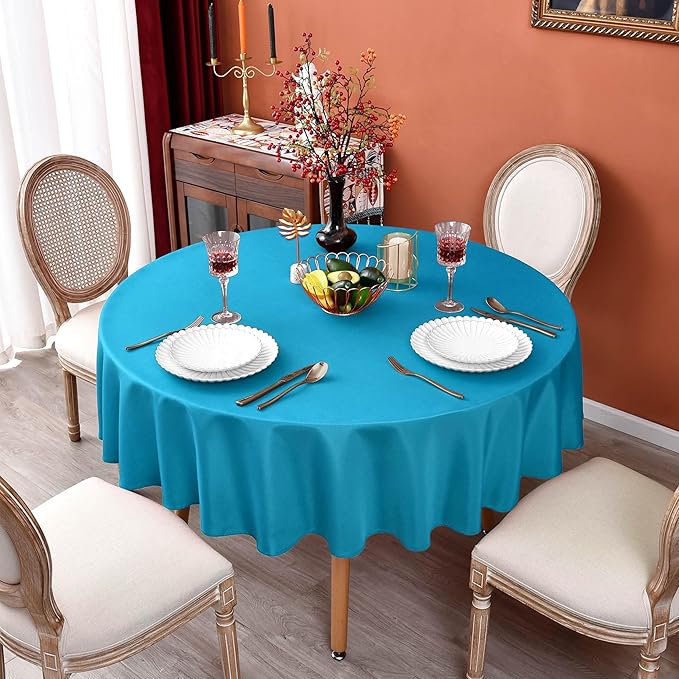 MEANMOY Teal 210 GSM Water & Stain Resistant Round Tablecloth for Circle Table - Solid 60 Inch Turquoise Table Cloth Cover in Wrinkle Free Durable Washable Polyester Fabric for Wedding, Party, Banquet