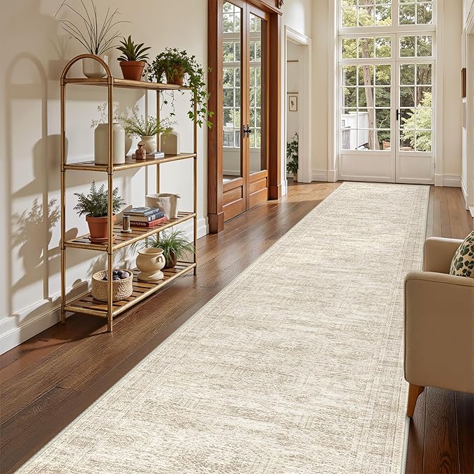 3x20 Washable Runner Rug for Hallway, Non-Slip Long Hallway Runner for Entryway, Soft Vintage Kitchen Mats for Floor, Abstract Dining Room, Bedroom, Living Room Rugs(3'x20', Beige/Ivory)