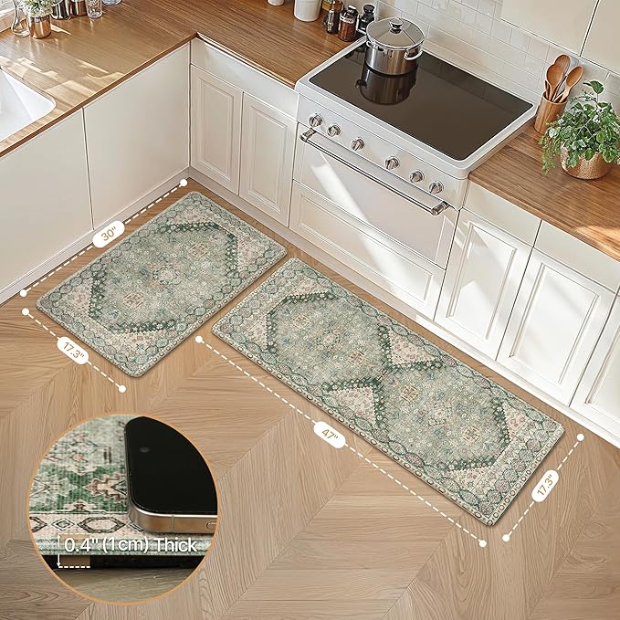 GENIMO Kitchen Mats for Floor, 2PCS Kitchen Rugs Non Slip Washable, Waterproof Anti Fatigue Mat, Comfort Standing Runner Rug for Sink, Office, Laundry, Home, 17.3"x47"+17.3"x30", Green