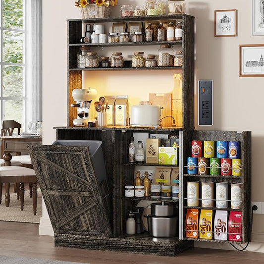63" H Pantry Cabinets with 10 Gallon Trash Can,Led Light,Outlet,35" W Kitchen Hutch with Tilt Out Trash Can Cabinet,Farmhouse Cupboard with Large Countertop for Living Room, Dining Room