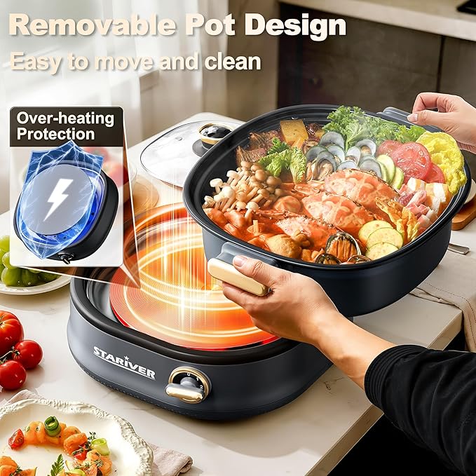 Stariver 3L Non-Stick Hot Pot Electric with Dual-Power Control,Electric Shabu Shabu Pot with Removable Pot, Electric Pot with Tempered Glass Lid for Party, Family Gathering（Golden）