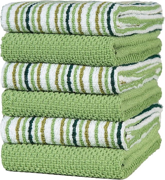 Sage 16'x 26' Cotton Kitchen Towels - 6 Pack | Popcorn Stripe Design | 400 GSM Highly Absorbent Tea Towels Set with Hanging Loop