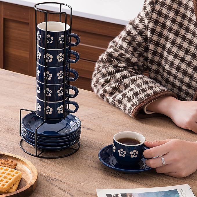 6-pieces Espresso Cups with Saucers and Metal Stand Stoneware Cup & Saucer Sets, Stackable espresso mugs, 4oz coffee cups set, Set of 6, Blue