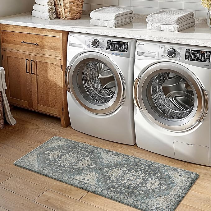 GENIMO Kitchen Mats for Floor, 2PCS Kitchen Rugs Non Slip Washable, Waterproof Anti Fatigue Mat, Comfort Standing Runner Rug for Sink, Office, Laundry, Home, 17.3"x47"+17.3"x30", Blue