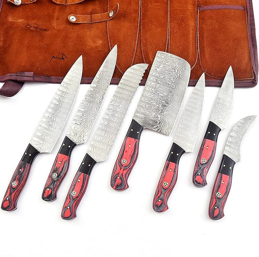 136-7 Rust Proof Knife Set 7-Piece Damascus Stainless Steel Blades Professional Chef Knife Set with Leather Roll Case Bag Kitchen Knife Set for Men and Women Gift Pakkawood Handles 136-7 (7)