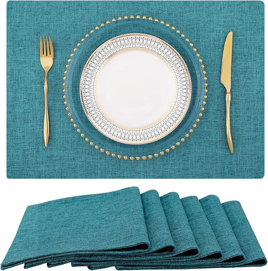 homing Cotton Linen Placemats Set of 6, Cloth Washable Farmhouse Dining Table Mats for Indoors & Outdoors, Easy to Clean, Teal, 13 x 19 Inch