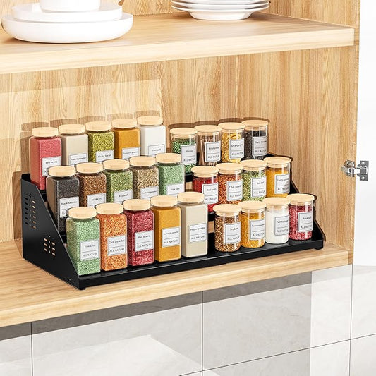 Spice Organizer, Spice Rack for Expandable 3-Tier, Spice Organization for Cabinet Expandable Width and Adjustable Height, Seasoning Organizer for Cabinet, Countertop, Pantry, Black