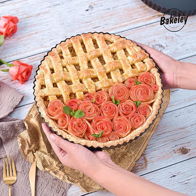 Bakeley 11-Inch Round Tart Pan with Loose Removable Bottom, Non-Stick Carbon Steel Quiche Pan for Oven Baking (Black)