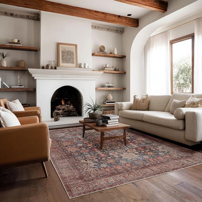 Kuden 8x10 Large Area Rug, Machine Washable Area Rug with Non-Slip Backing, Vintage Style, Soft, Easy Clean, Low Pile Rug for Living Room, Bedroom, Dining Room