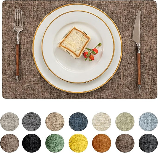 Romanstile Vinyl Placemats Set of 4-12 X 17 Inch - Heat Resistant Place Mats 100% Waterproof Oilproof Wipeable Reversible Faux Leather Table Mats for Kitchen, Dining, Party, Outdoor, Brown
