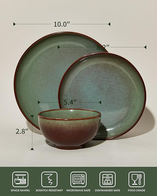 Stoneware Dinnerware Sets Service for 12, 36 pcs Reactive Glaze Plates and Bowls Sets, Handmade Ceramic Dish Set, Highly Chip and Crack Resistant Modern Plate Set, Brown Green