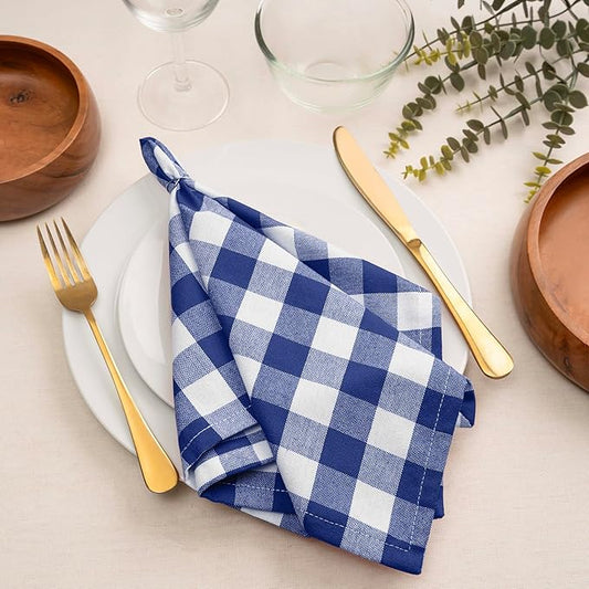 Blue Needles Gingham Buffalo Plaid Cloth Napkins 100% Cotton Set of 12 Dinner Table Napkins 18x18 inch Soft, Reusable, Washable Perfect for Wedding Parties & Everyday Use - Blue and White
