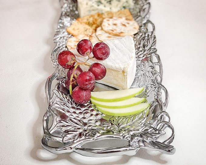 Arthur Court Metal Oblong Serving Tray Grape Pattern Sand Casted in Aluminum with Artisan Quality Hand Polished Designs Tarnish Free 19 inch x 5.5 inch