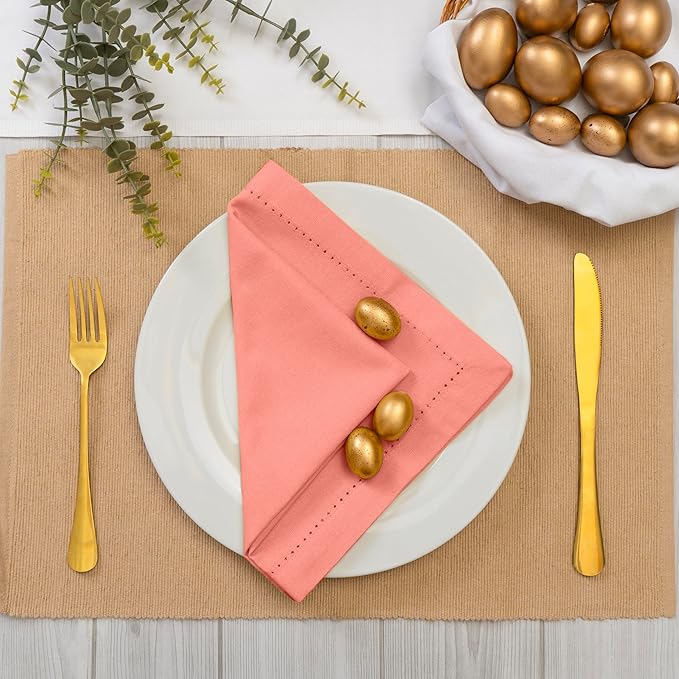 Blue Needles Set of 12 Hemstitch Linen Napkins 100% Cotton Salmon Cloth Dinner Napkins 18x18 inches, Soft, Reusable, Absorbent, Washable, Ideal for Wedding Events, Parties & Everyday Use