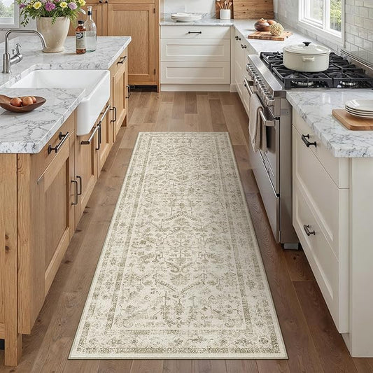 Taupe 2x6 Runner Rug Vintage Area Carpet Hallway Indoor Kitchen Washable Low Pile Traditional Distressed Retro Accent Throw Rug Non Slip for Laundry Bathroom Office