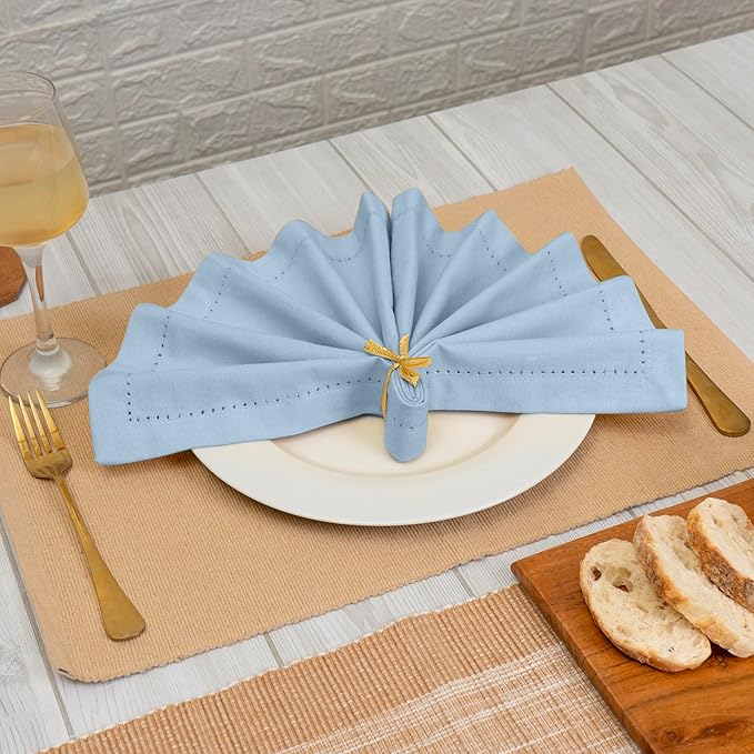 Blue Needles Set of 6 Hemstitch Linen Napkins 100% Cotton Ice Blue Cloth Dinner Napkins 18x18 inches, Soft, Reusable, Absorbent, Washable, Ideal for Wedding Events, Parties & Everyday Use