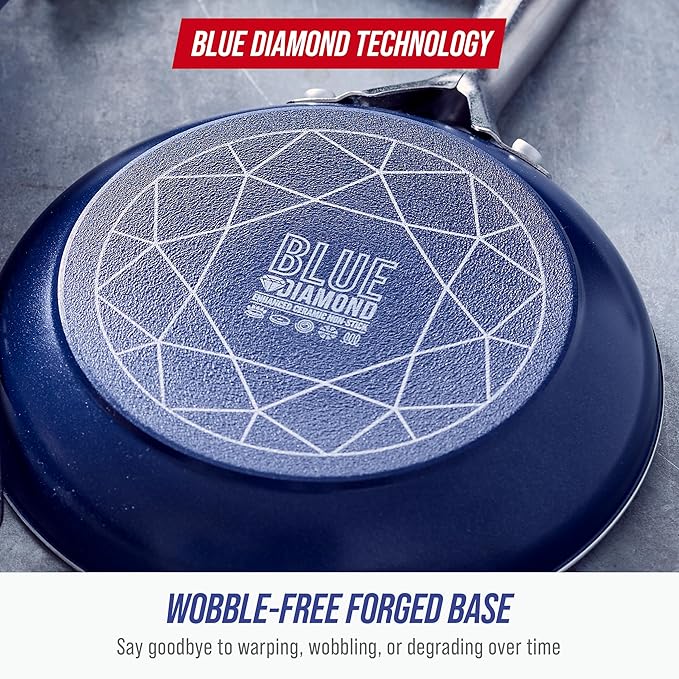 Blue Diamond Nonstick Diamond Infused PFAS-Free Ceramic Pots & Pans, Dishwasher & Oven Safe, Stay Cool Handles, Durable Non Toxic Metal Utensil Safe, Blue, 9.5” & 11" Frying Pan Skillet Set