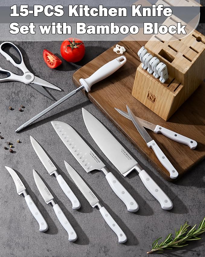 Cook N Home Kitchen Knife Set with Bamboo Storage Block 15-Piece, High Carbon Stainless Steel Blade, White