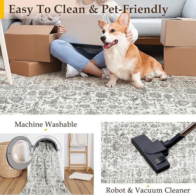 Black Area Rug 4x5 Office Entryway Rug Machine Washable Kitchen Vintage Distressed Non Slip Carpet Indoor Retro Floral Accent Throw Door Mat for Bathroom Bedroom Dining Living Room