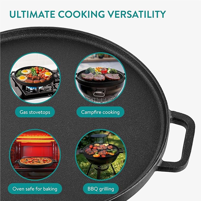 Navaris Reversible Cast Iron Grill/Griddle - 12"(30cm) Pre-Seasoned with Handles, Flat & Ribbed Griddle Plate, Perfect for Stove, Grill, Oven, Campfire, Outdoor Cooking, Heavy-Duty