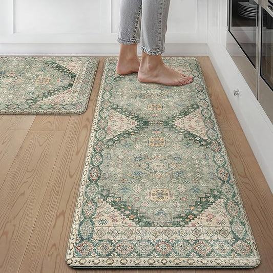 GENIMO Kitchen Mats for Floor, 2PCS Kitchen Rugs Non Slip Washable, Waterproof Anti Fatigue Mat, Comfort Standing Runner Rug for Sink, Office, Laundry, Home, 17.3"x47"+17.3"x30", Green