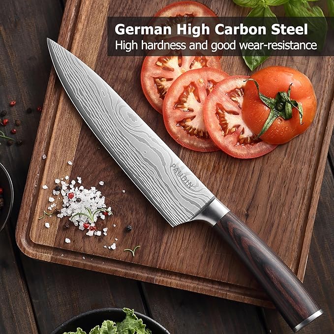 PAUDIN Chef Knife with Sheath- Pro Kitchen Knife 8 Inch Chef's Knives with High Carbon Stainless Steel, Sharp Japanese Knife with Ergonomic Handle for Home Kitchen Restaurant