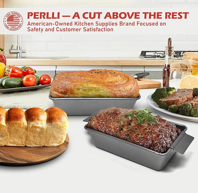 PERLLI Meat Loaf Pan with Drip Tray – 2 Pc. 9.8 x 5.7 In. High-Carbon-Steel Nonstick Meatloaf Pan with Drain Tray – Large BPA-Free Oven Loaf Pan for Baking, Bread, Cakes, Roasting Meat, & More