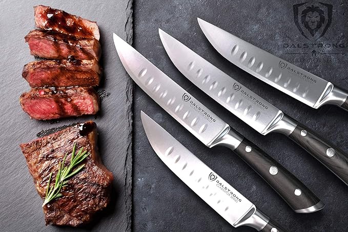 Dalstrong Steak Knife Set - 4-Piece - 5 inch Straight - Gladiator Series Elite - Forged German High-Carbon Steel - Black G10 Handle - Sheaths - Dinner Set - NSF Certified