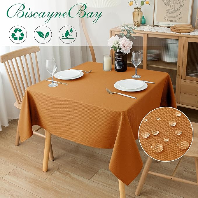 Biscaynebay Fall Tablecloth Textured Fabric Square Tablecloths 90x90 Inch, Bronze Thanksgiving Autumn Harvest Water Resistant Fabric Tablecloths for Kitchen, Dining, Wedding, Parties Machine Washable