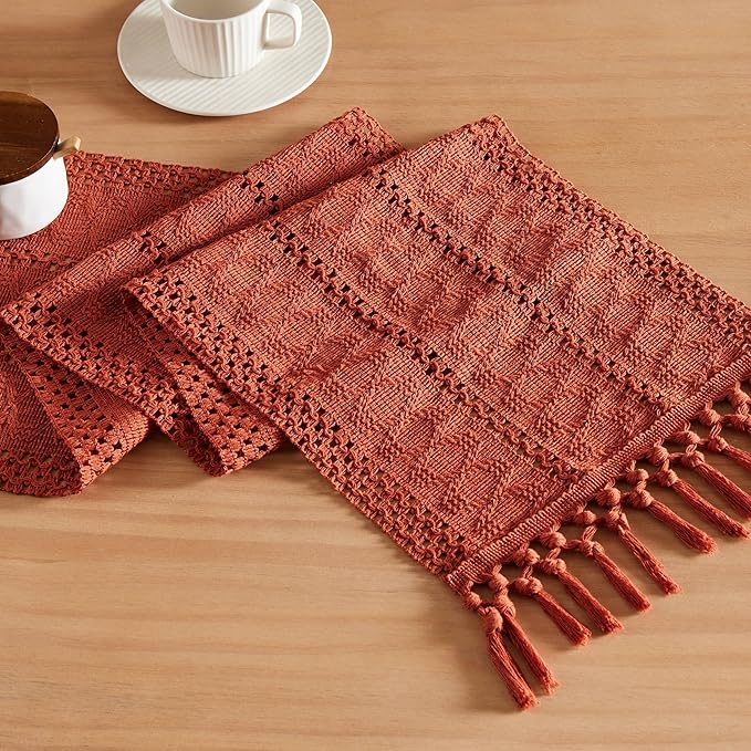 ZeeMart Macrame Style Boho Table Runner, Rust Table Runners 90 Inches Long, Farmhouse Woven Home Decor, 12x90 Inch, Rust