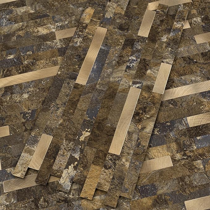 20 Sheets Peel and Stick Backsplash for Kitchen, Rust Slate with Metal Gold Look Stick on Tile Upgrade Your Kitchen Backsplash, RV, Fireplace