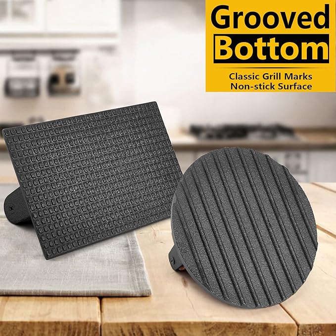 Leonyo 2Pcs Heavy Duty Smash Burger Press, Round Cast Iron Grill Bacon Press for Griddle Flat Top Grill, Rectangular Hamburger Smasher for Griddle, Steak, Sandwich