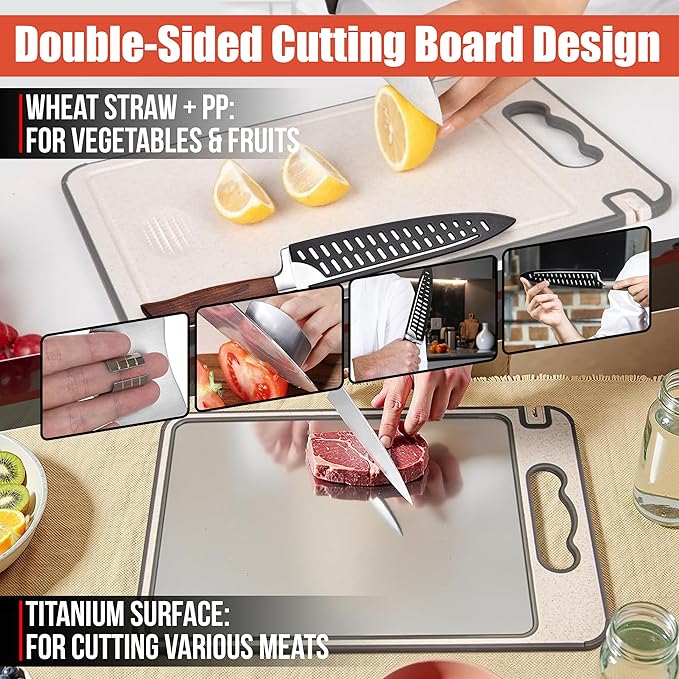100% Pure Titanium Cutting Board Pro | Non Toxic Chopping Board for Kitchen | Dual Sided, Metal & Wheat Straw Boards with Knife Guards & Sharpener, Finger Guard & Juice Groove