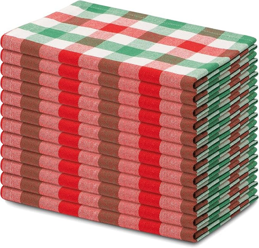 Blue Needles Gingham Buffalo Plaid Cloth Napkins 100% Cotton Set of 12 Dinner Table Christmas Napkins 18x18 inch Soft, Reusable, Washable for Parties & Everyday Use - Christmas White, Red & Green