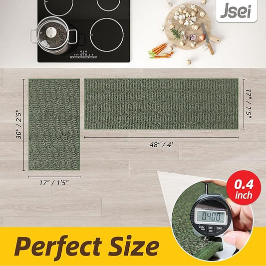JSEI Kitchen Rugs and Mats, 2PCS Non-Slip Kitchen Mats for Floor, Machine Washable Absorbent and Stain Resistant Kitchen Runner, Carpet Mats with TPR Backing, 17''x30''+17''x48'', Green