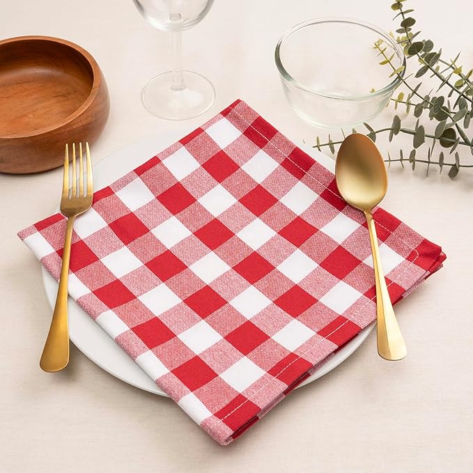 Blue Needles Gingham Buffalo Plaid Cloth Napkins 100% Cotton Set of 12 Dinner Table Napkins 18x18 inch Soft, Reusable, Washable Perfect for Valentine's Day Parties & Everyday Use - Red & White
