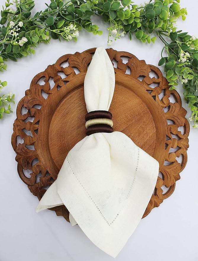 COTTON CRAFT Napkin Rings - Set of 12 Soft Lustrous Yarn Handmade Dining Table Napkin Holders - Halloween Harvest Fall Thanksgiving Holiday Party Gift Décor - Chocolate Tan Lt Yellow