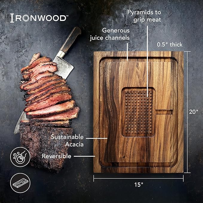 Ironwood Gourmet Hudson Carving Board, 15" x 20" Acacia Wood Cutting Board with Grip Pad and Juice Well
