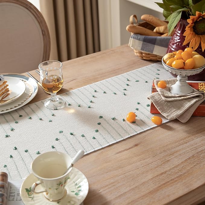 Boho Table Runner 13 x 48 Inch Long Natural Cotton Woven Runner with Tassels for Home Dining Table décor, for Modern Farmhouse Decor Coffee Table Runner, Green and Beige