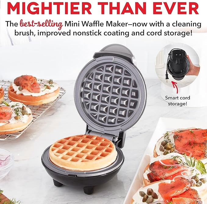 Dash Deluxe Mini Waffle Maker- Compact, Easy-to-Clean Breakfast Appliance - Convenient Cord Wrap - Cleaning Brush Included - 4-Inch - Storm Gray