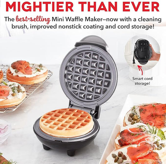 Dash Deluxe Mini Waffle Maker- Compact, Easy-to-Clean Breakfast Appliance - Convenient Cord Wrap - Cleaning Brush Included - 4-Inch - Storm Gray