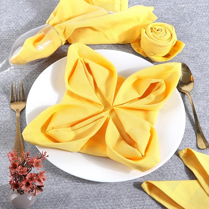 Cloth Napkins Dinner Washable Set of 4 in Cotton Linen Fabric Premium Quality, Mitered Corners for Reusable Every Day Use Pre Shrunk and Good Absorbency Christmas Cloth Napkins (Pack of 4, Yellow)