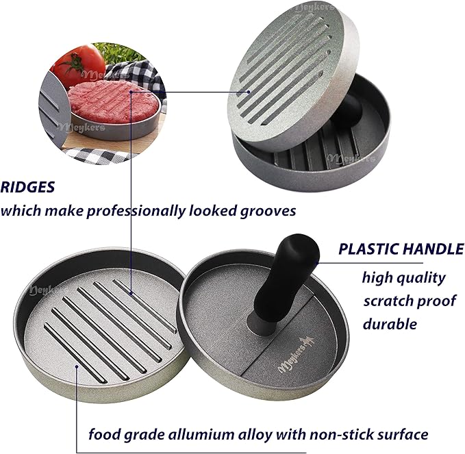 Meykers Burger Press 100 Patty Papers Set | Non-Stick Hamburger Mold with Free Wax Patty Paper Sheets | Meat Beef Cheese Veggie Burger Maker for Grill Griddle BBQ Barbecue | BPA Free