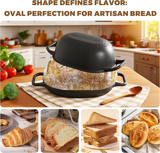 GdnWings Oval Dutch Oven for Bread Baking 12 x 8 Inch, Pre-Seasoned Cast Iron Bread Oven for Sourdough, Dutch Oven Bread Loaf Pan for a Crispy Crust, 5QT