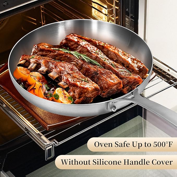 Inqibee 8.5 Inch Tri-Ply Stainless Steel Frying Pan with Lid, Skillet, Induction Cooking Pan, Dishwasher Safe and Detachable Handle