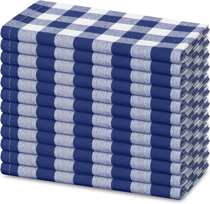 Blue Needles Gingham Buffalo Plaid Cloth Napkins 100% Cotton Set of 12 Dinner Table Napkins 18x18 inch Soft, Reusable, Washable Perfect for Wedding Parties & Everyday Use - Blue and White