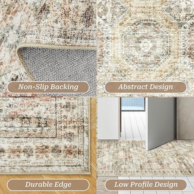 Rug Runners for Hallways Non Slip - 2x8 Runner Rug for Bedroom, Washable Runner with Rubber Backing, Soft Low-Pile Carpet for Kitchen, Laundry, Bathroom (2'x8', Brown/Pink)