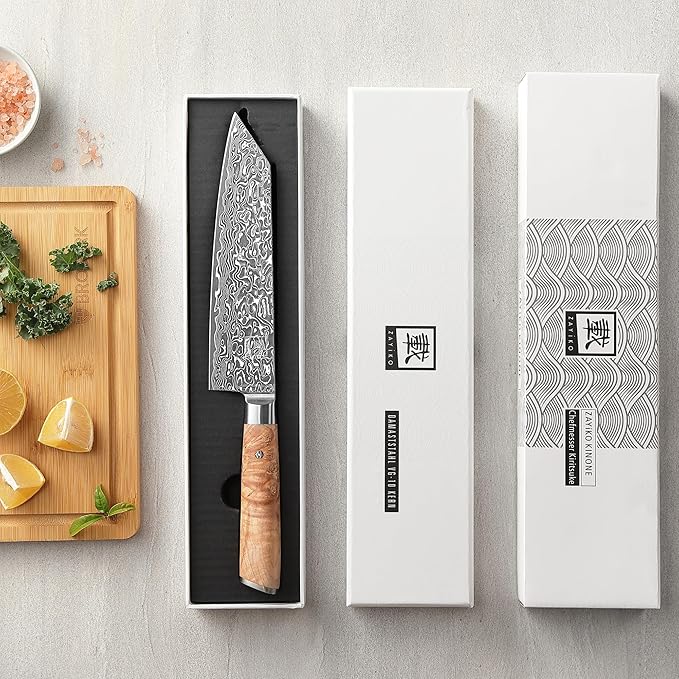 zayiko Kinone Kiritsuke Chef Knife – 7.9-Inch Damascus Kitchen Knife | 67 Layers Steel with VG10 Core | Ergonomic Birch Root Wood Handle | Professional Cooking Tool in Gift Box