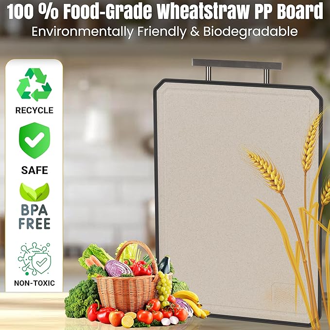 TYSAN Titanium Cutting Board for Kitchen – 2 in 1 Metal Cutting Board for Chopping Meat/Vegetables – Double Sided Pure Titanium & Wheat Straw PP Chopping Board – Food Grade – Large Size 16”×11”