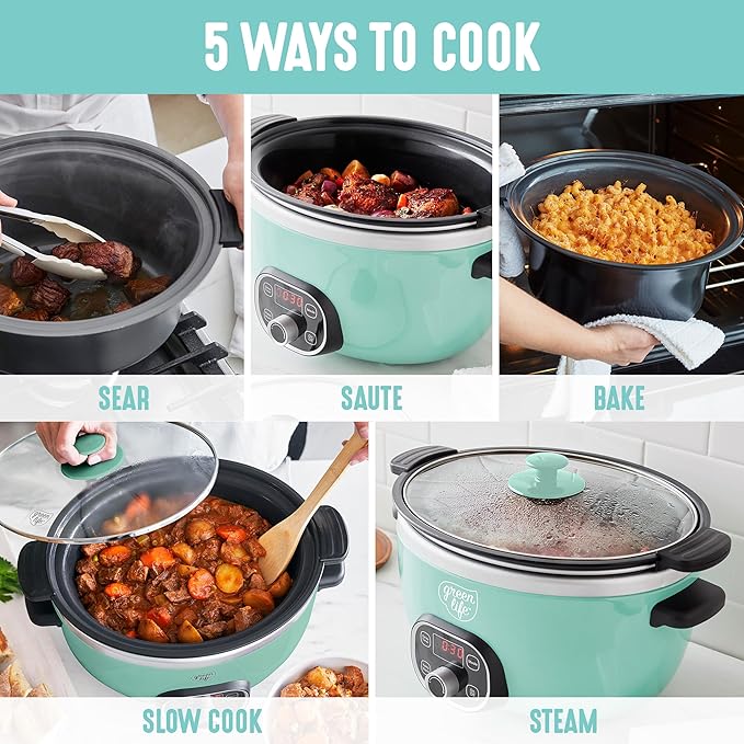 GreenLife 6QT Ceramic Slow Cooker, PFAS-Free, Programmable, Removable Healthy Nonstick Pot for Family Meals, Sear on Stovetop, Keep Warm, Digital Timer, Dishwasher Safe Crock, Turquoise